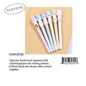 VANVENE  12pcs/lot Small Fresh Japanese Doll colored gel pens for writing cartoon 0.38mm black ink roll pen office school supplies