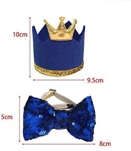 VANVENE Pet Cute Birthday Party Crown Hat and Blingbling Bow tie Collar Set with Adjustable Elastic Headband and Golden Crown Topper for Small Medium Dogs Cats Kitten Puppy, Blue