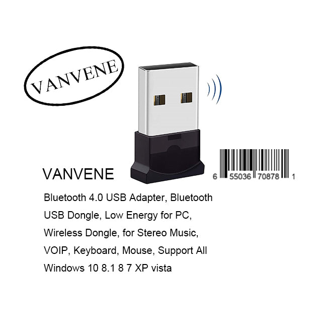 VANVENE Bluetooth 4.0 USB Adapter, Bluetooth USB Dongle, Low Energy for PC, Wireless Dongle, for Stereo Music, VOIP, Keyboard, Mouse, Support All Windows 10 8.1 8 7 XP vista