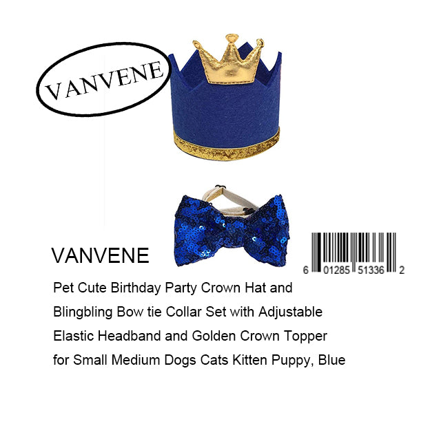 VANVENE Pet Cute Birthday Party Crown Hat and Blingbling Bow tie Collar Set with Adjustable Elastic Headband and Golden Crown Topper for Small Medium Dogs Cats Kitten Puppy, Blue