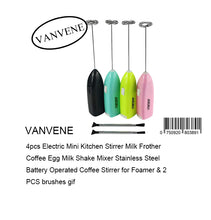 VANVENE 4pcs Electric Mini Kitchen Stirrer Milk Frother  Coffee Egg Milk Shake Mixer Stainless Steel  Battery Operated Coffee Stirrer for Foamer & 2  PCS brushes gif