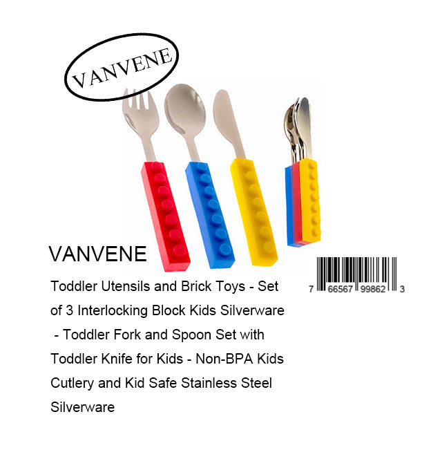 VANVENE Toddler Utensils and Brick Toys - Set of 3 Interlocking Block Kids Silverware - Toddler Fork and Spoon Set with Toddler Knife for Kids - Non-BPA Kids Cutlery and Kid Safe Stainless Steel Silverware