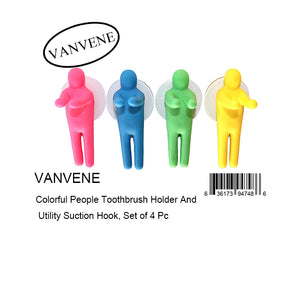 VANVENE Colorful People Toothbrush Holder And  Utility Suction Hook, Set of 4 Pc