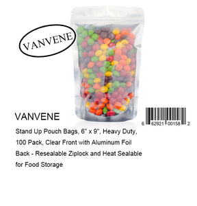 VANVENE Stand Up Pouch Bags, 6" x 9", Heavy Duty, 100 Pack, Clear Front with Aluminum Foil Back - Resealable Ziplock and Heat Sealable for Food Storage
