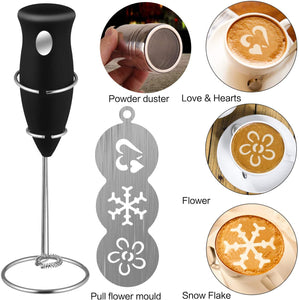 VANVENE Coffee Art Set, Coffee Milk Frother  Drink Mixer with Cocoa Chocolate  Shaker and Art Stencils for Cappuccino,  Coffee, Latte, Hot Chocolate, Cooking  (Includes Mini Mixer Stand)