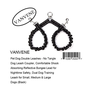 VANVENE Pet Dog Double Leashes - No Tangle Dog Leash Coupler, Comfortable Shock Absorbing Reflective Bungee Lead for Nighttime Safety, Dual Dog Training Leash for Small, Medium & Large Dogs (Black)