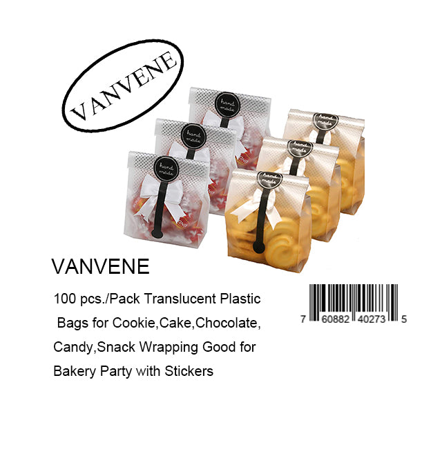 VANVENE 100 pcs./Pack Translucent Plastic Bags for Cookie,Cake,Chocolate,Candy,Snack Wrapping Good for Bakery Party with Stickers