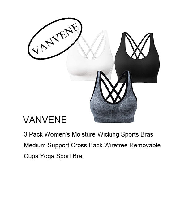 VANVENE 3 Pack Women's Moisture-Wicking Sports Bras Medium Support Cross Back Wirefree Removable Cups Yoga Sport Bra