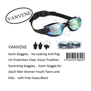VANVENE Swimming Goggles No Leaking Anti-Fog UV Protection Swim Goggles Clear Vision Triathlon Suitable Adult Men Women Youth and Teens Swimming Goggles with Free Cases.Black