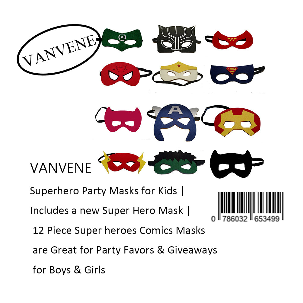 VANVENE Superhero Party Masks for Kids | Includes a new Super Hero Mask | 12 Piece Super heroes Comics Masks are Great for Party Favors & Giveaways for Boys & Girls