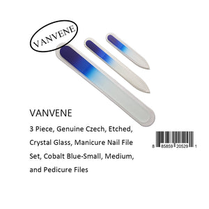 VANVENE 3 Piece, Genuine Czech, Etched,  Crystal Glass, Manicure Nail File  Set, Cobalt Blue-Small, Medium,  and Pedicure Files