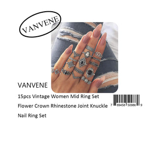 VANVENE 15pcs Vintage Women Mid Ring Set  Flower Crown Rhinestone Joint Knuckle  Nail Ring Set