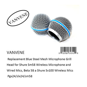 VANVENE Replacement Blue Steel Mesh Microphone Grill  Head for Shure Sm58 Wireless Microphone and  Wired Mics, Beta 58 a Shure Sv100 Wireless Mics  Pgx24/slx24/sm58