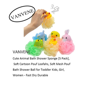 VANVENE Cute Animal Bath Shower Sponge [5 Pack], Soft Cartoon Pouf Loofahs, Soft Mesh Pouf Bath Shower Ball for Toddler Kids, Girl, Women - Fast Dry Durable B07T311DG5