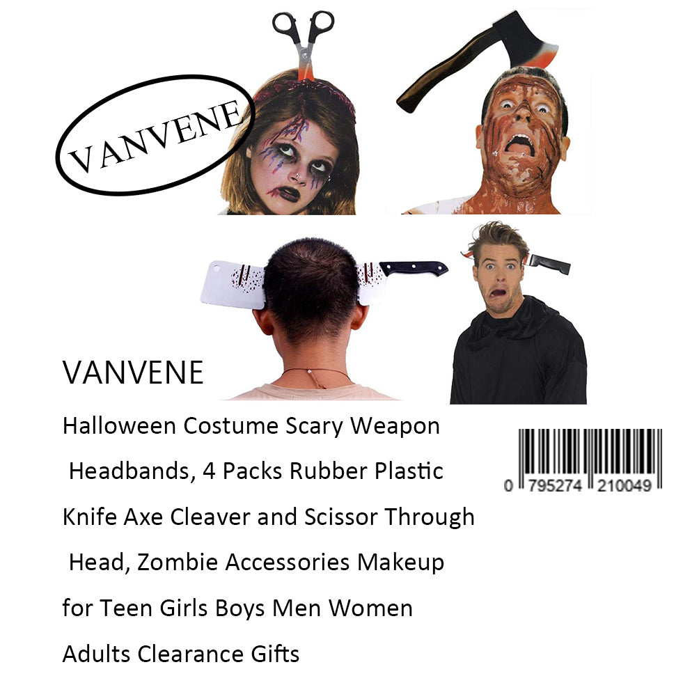 VANVENE Halloween Costume Scary Weapon Headbands, 4 Packs Rubber Plastic Knife Axe Cleaver and Scissor Through Head, Zombie Accessories Makeup for Teen Girls Boys Men Women Adults Clearance Gifts