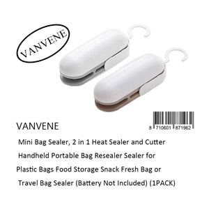 VANVENE  Mini Bag Sealer, 2 in 1 Heat Sealer and Cutter  Handheld Portable Bag Resealer Sealer for  Plastic Bags Food Storage Snack Fresh Bag or  Travel Bag Sealer (Battery Not Included) (1PACK)